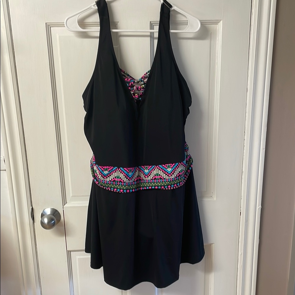 Swimsuits for All black with neon detail one piece swim dress women’s size 22